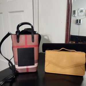 Plaid Vertical Crossbody Bag with Black Trim - Pink/Brown